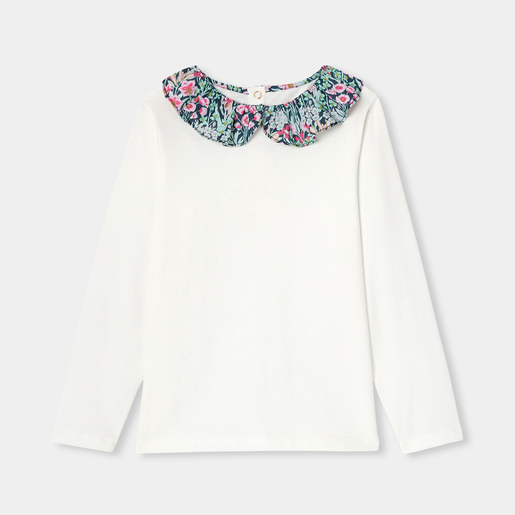 Girl T-shirt with Liberty fabric collar - Nacre