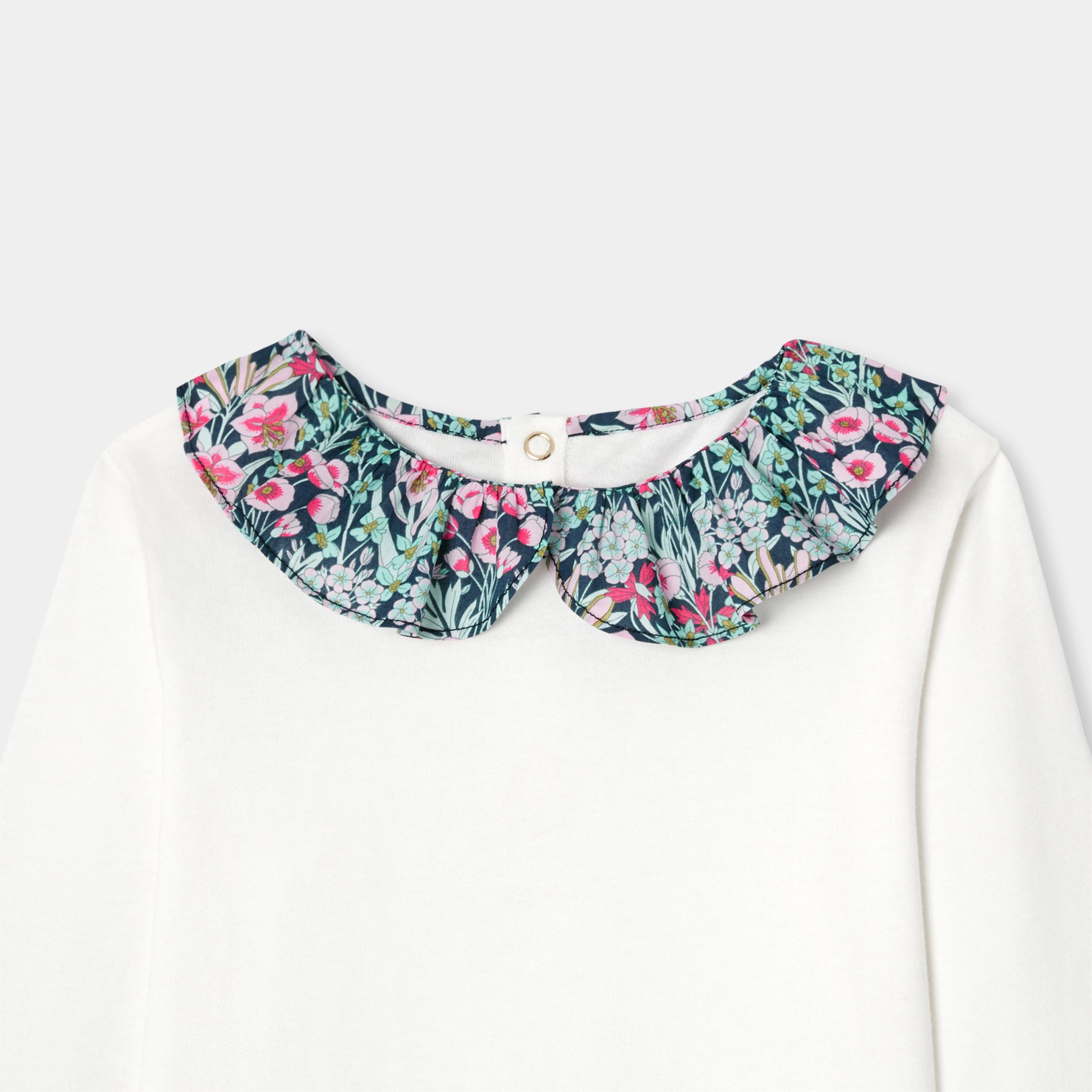 Girl T-shirt with Liberty fabric collar - Nacre - Image 3