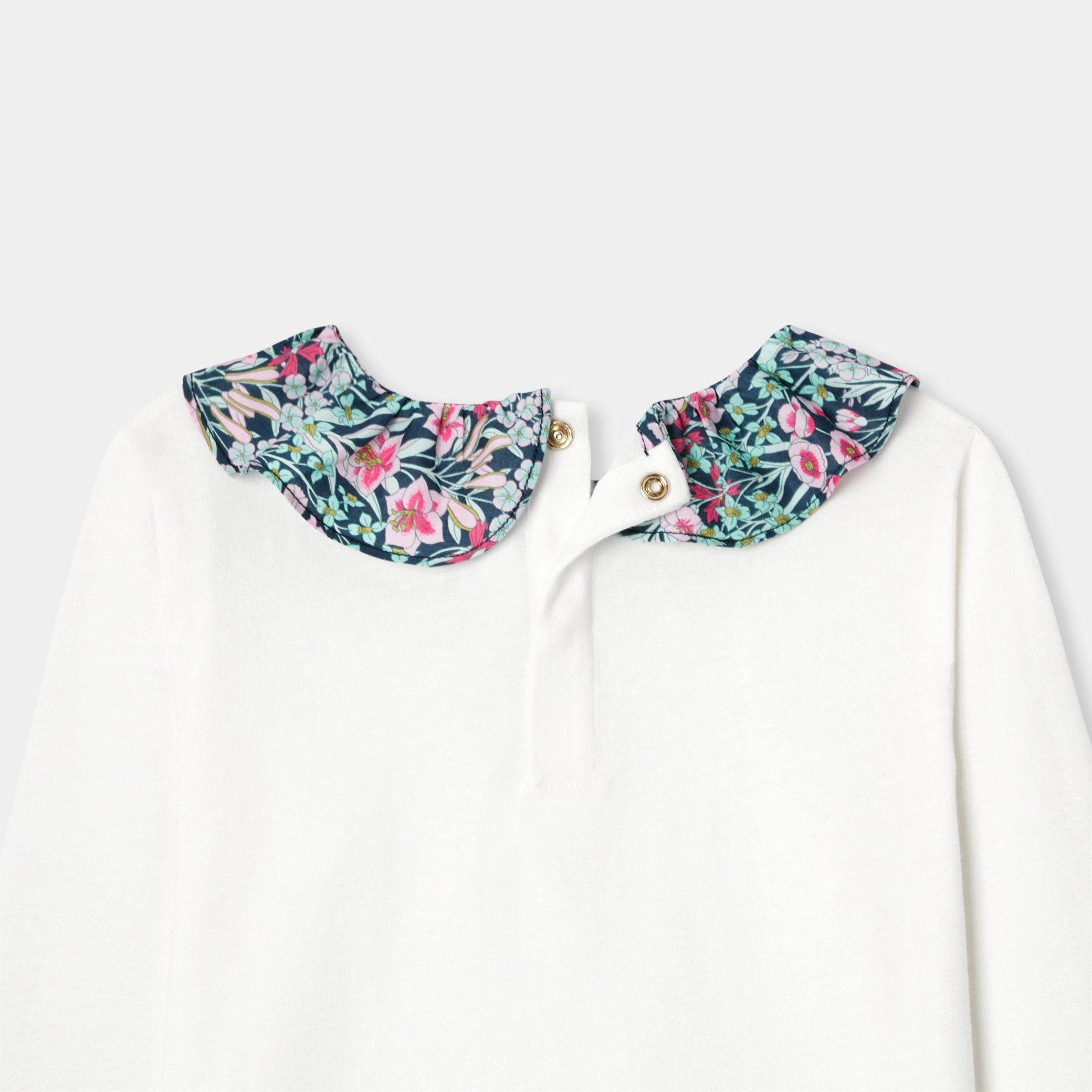 Girl T-shirt with Liberty fabric collar - Nacre - Image 4